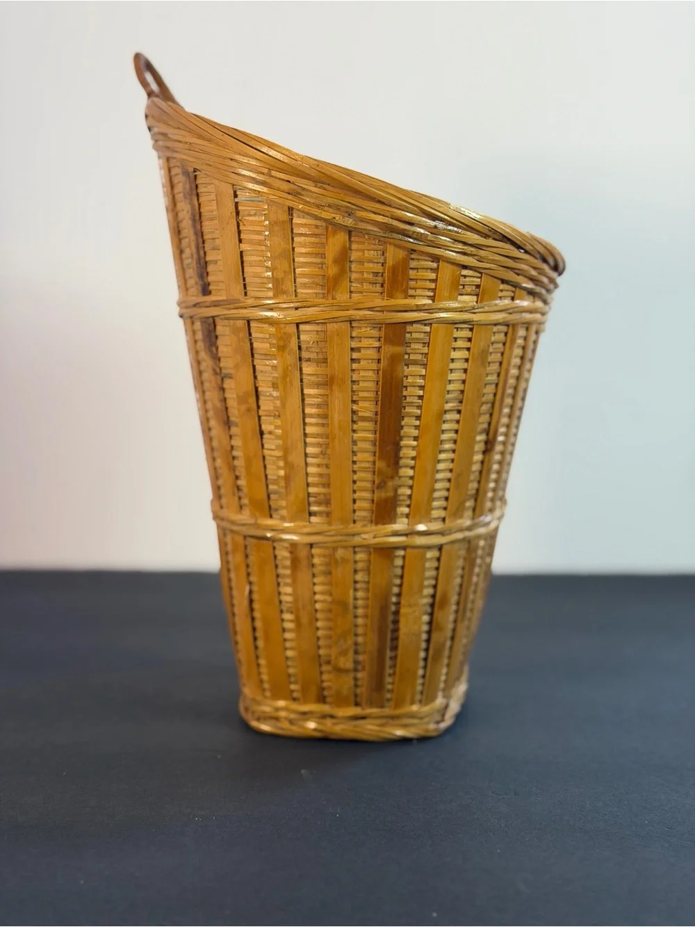 Vintage Hanging Tortoise Shell Woven Bamboo Basket Vintage 10x7in Boho Decor